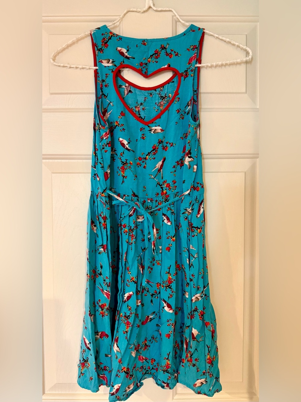 Xhilaration Teal Bird & Floral Heart-Back Dress with Red Trim